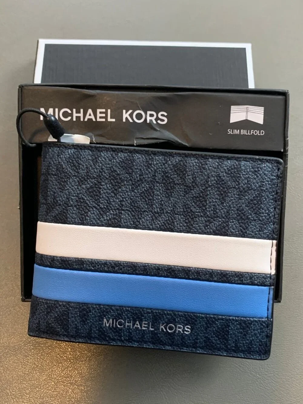 Michael Kors Men's Malone Slim Stripe Logo Wallet, Blue White, One Size